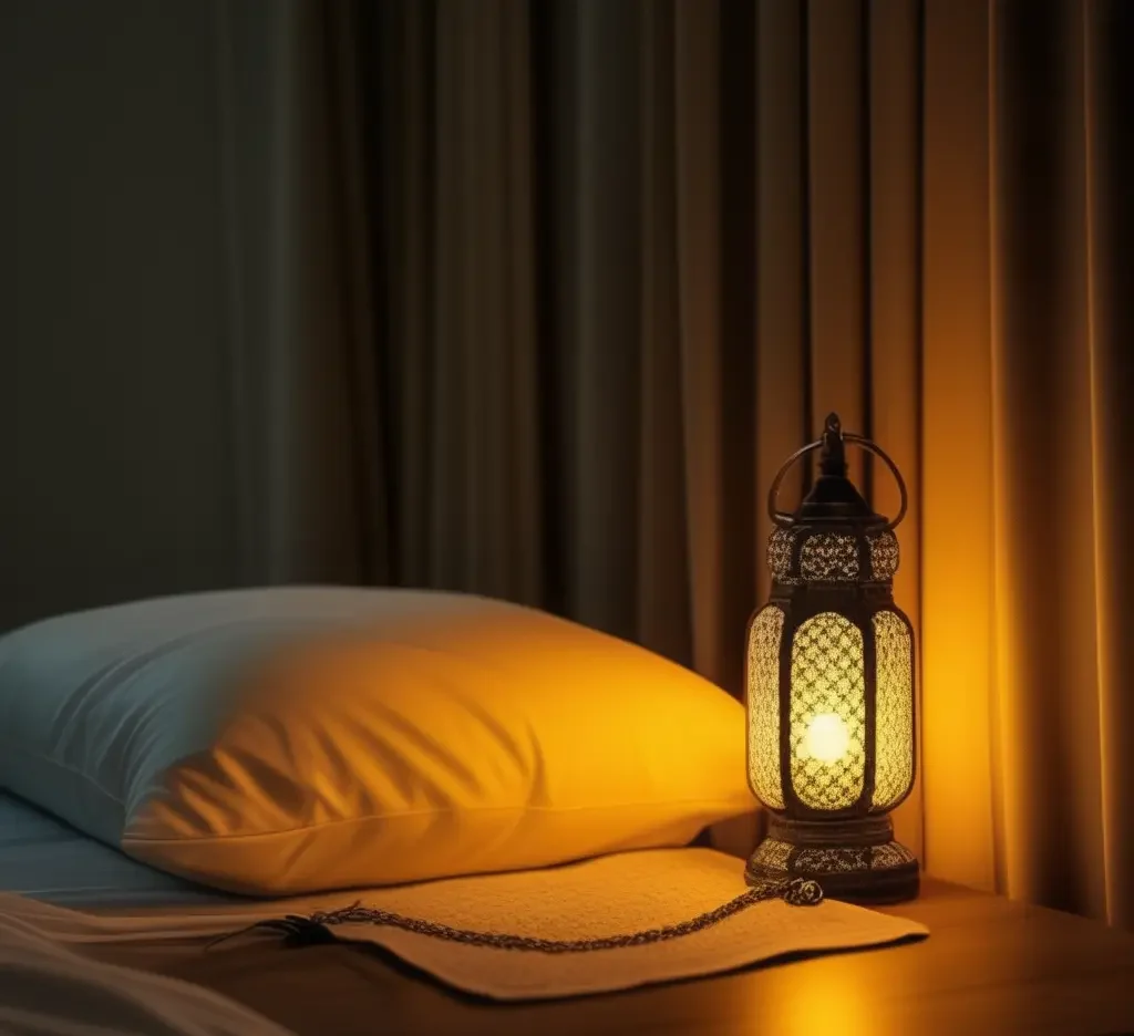 A pillow and a lamp of yellow light beside it