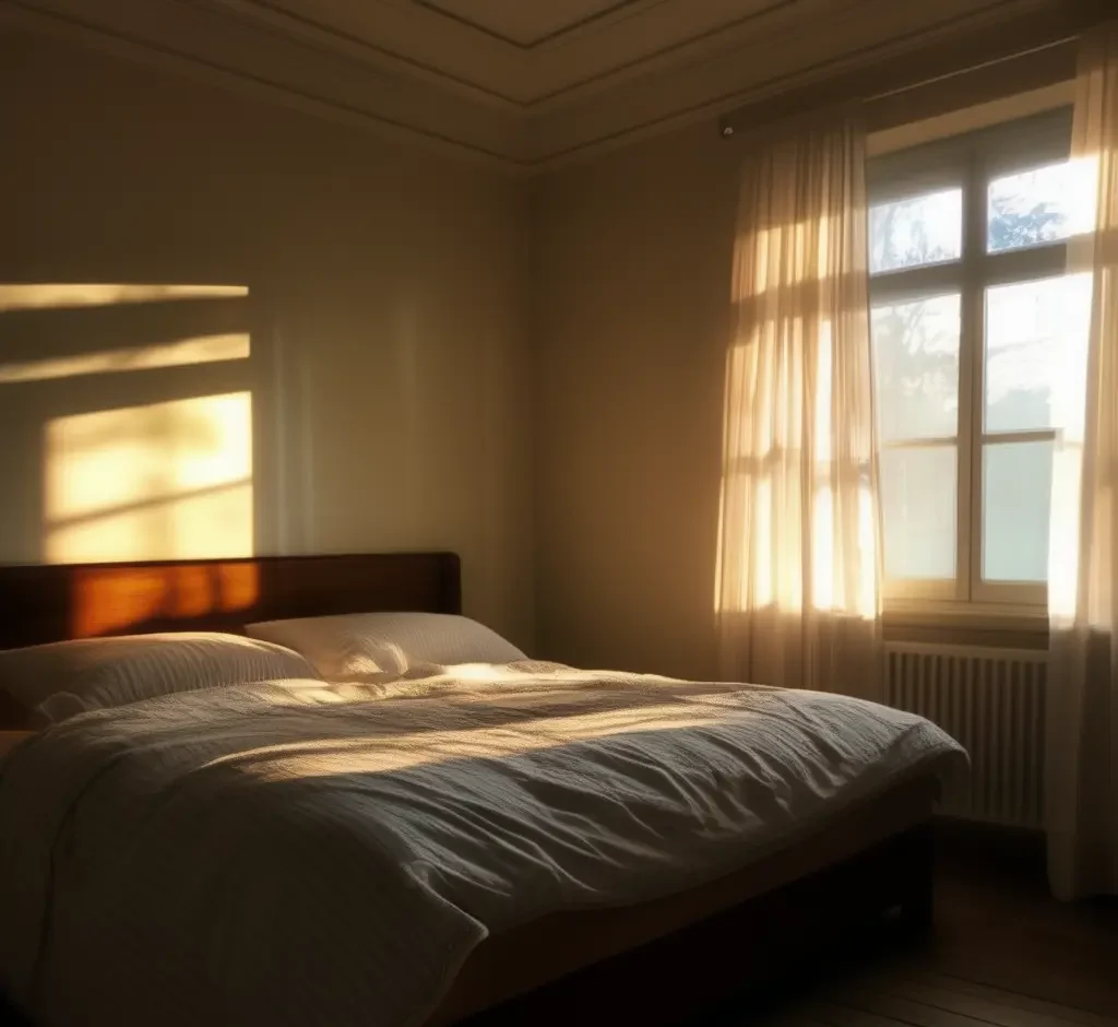 a bed in a room and sunlight coming from the window