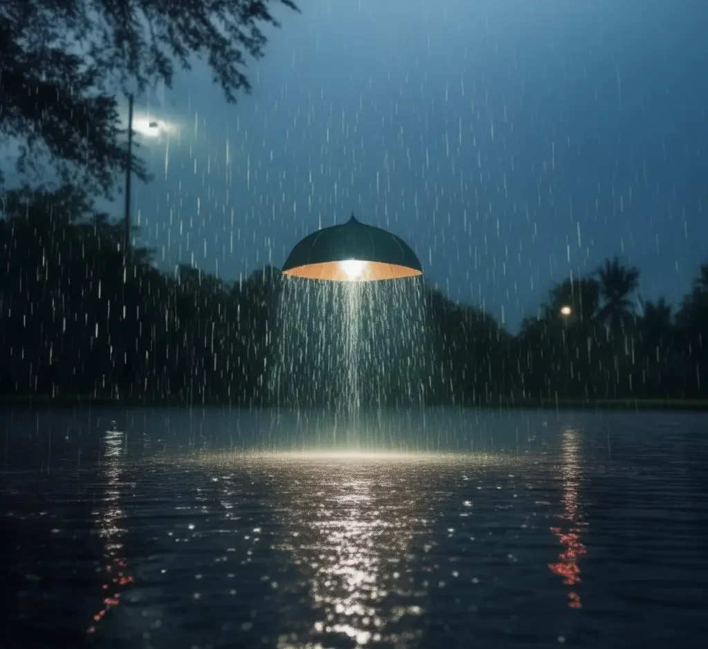 raining in the evening and a lamp-like umbrella in the middle and throwing the light