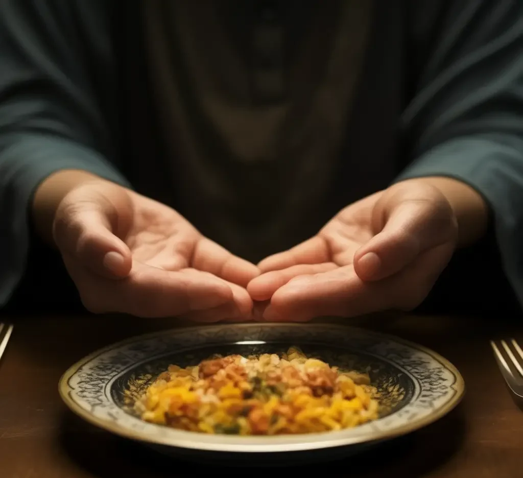 food in a plate on a table and a men with hands together making a dua