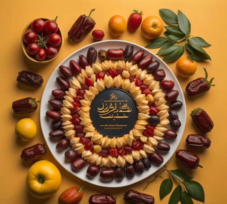lots of dates and fruits in a plate and around plate with yellow background