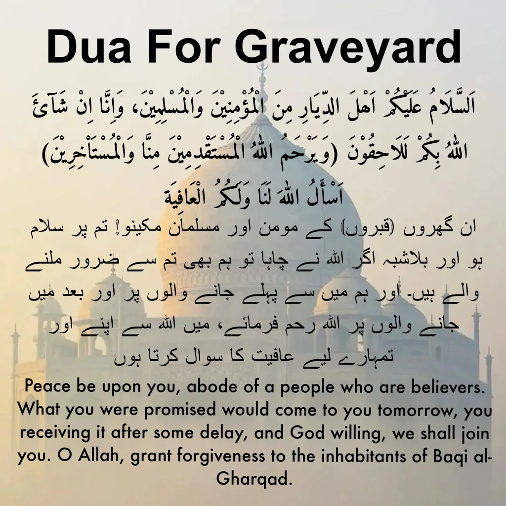 Dua for graveyard in arabic, urdu and english translation with background of mosque